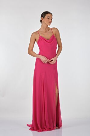 Dori Degaje Yaka Sırt Detaylı İp Askılı Fuşya Kadın Elbise 221KB4049