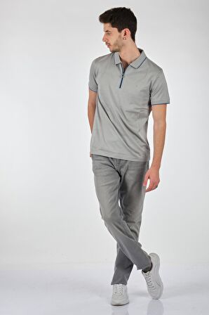 Ecer Polo Yaka Slim Fit Fermuarlı Kısa Kollu Açık Gri Erkek T-shırt 61782212