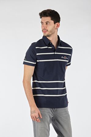 Porto Cervo Polo Yaka Slim Fit Çizgili Kısa Kollu Lacivert Erkek t-shirt 221220204