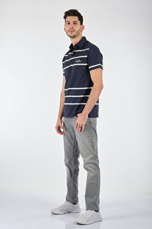 Porto Cervo Polo Yaka Slim Fit Çizgili Kısa Kollu Lacivert Erkek t-shirt 221220204