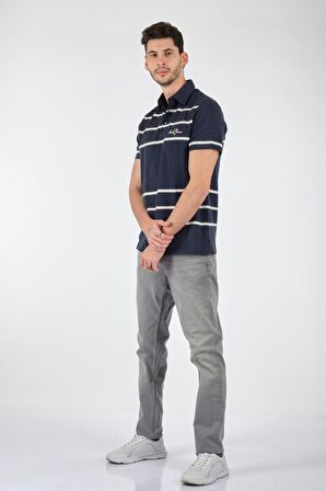 Porto Cervo Polo Yaka Slim Fit Çizgili Kısa Kollu Lacivert Erkek t-shirt 221220204