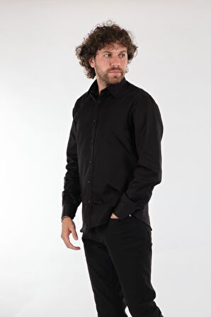 Gallini World Düz Yaka Uzun Kollu Siyah Erkek Gömlek 1102624