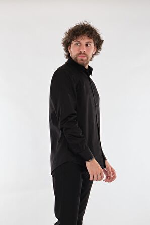 Gallini World Düz Yaka Uzun Kollu Siyah Erkek Gömlek 1102624