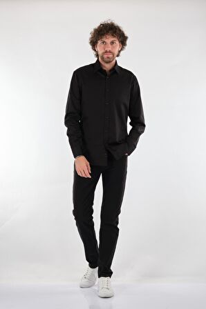 Gallini World Düz Yaka Uzun Kollu Siyah Erkek Gömlek 1102624