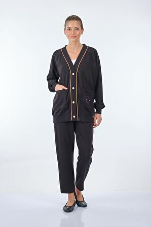 Naar Şal Yaka Cepli Uzun Kollu Siyah Kadın Hırka 22251609