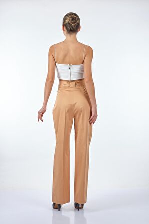 Naar Kemer Detaylı Bol Paça Yüksel Bel Camel Kadın Pantolon 22251201