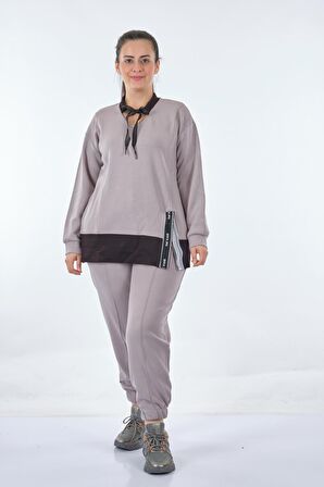 Vedi-bb V Yaka Büyük Beden Uzun Kollu Gri Kadın Sweatshirt 22233309