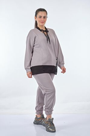 Vedi-bb V Yaka Büyük Beden Uzun Kollu Gri Kadın Sweatshirt 22233309