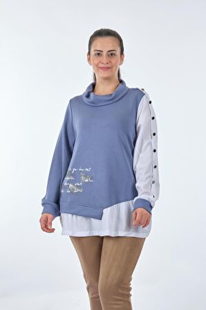 Vedi-bb Boğazlı Yaka Büyük Beden Kol Detaylı Uzun Kollu İndigo Kadın Sweatshirt 22233314