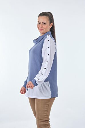 Vedi-bb Boğazlı Yaka Büyük Beden Kol Detaylı Uzun Kollu İndigo Kadın Sweatshirt 22233314