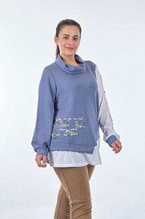 Vedi-bb Boğazlı Yaka Büyük Beden Kol Detaylı Uzun Kollu İndigo Kadın Sweatshirt 22233314