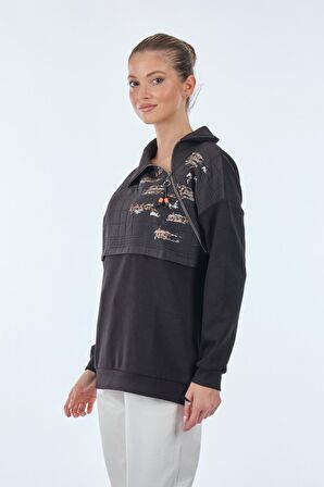 Vedi Dik Yaka Fermuarlı Uzun Kollu Siyah Kadın Sweatshirt 22233308