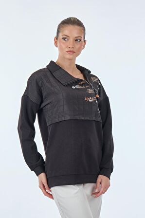 Vedi Dik Yaka Fermuarlı Uzun Kollu Siyah Kadın Sweatshirt 22233308