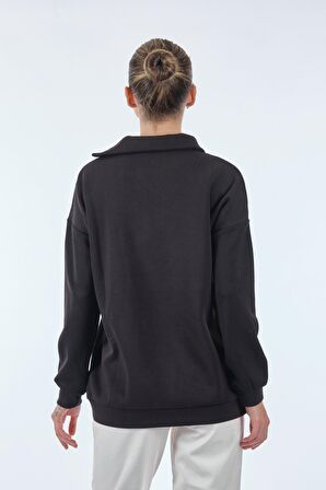 Vedi Dik Yaka Fermuarlı Uzun Kollu Siyah Kadın Sweatshirt 22233308