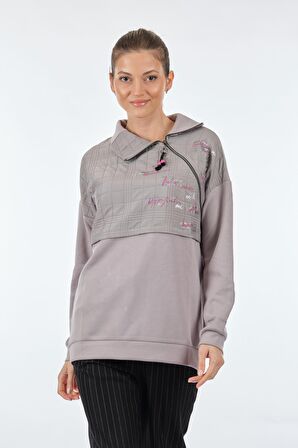 Vedi Dik Yaka Fermuarlı Uzun Kollu Gri Kadın Sweatshirt 22233308