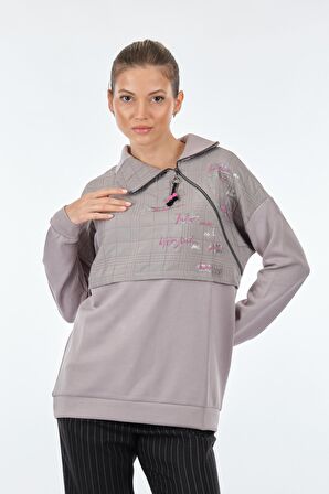 Vedi Dik Yaka Fermuarlı Uzun Kollu Gri Kadın Sweatshirt 22233308