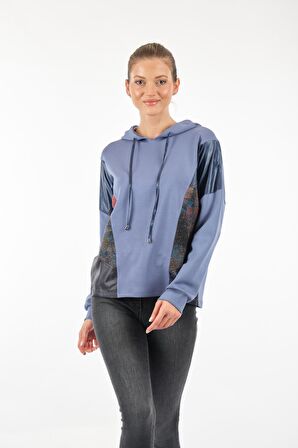 Vedi Kapüşonlu Desenli Uzun Kollu İndigo Kadın Sweatshirt 22233310