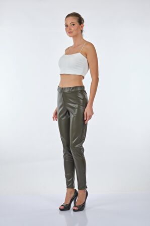 Vedi Dar Paça Yüksek Bel Lastikli Haki Kadın Tayt 22233416