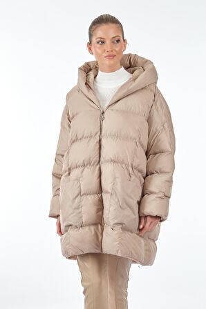 Monalure Kapüşonlu Oversize Ekru Kadın Mont 1102644