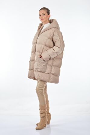 Monalure Kapüşonlu Oversize Ekru Kadın Mont 1102644