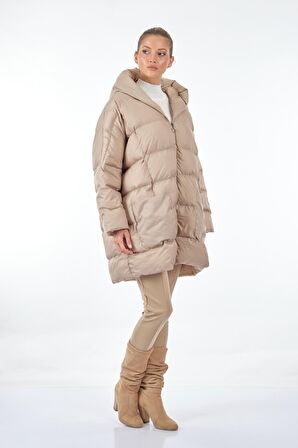Monalure Kapüşonlu Oversize Ekru Kadın Mont 1102644