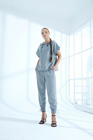 Naar Kapüşonlu Kısa Kollu Gri Kadın Sweat 22251316