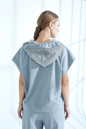 Naar Kapüşonlu Kısa Kollu Gri Kadın Sweat 22251316