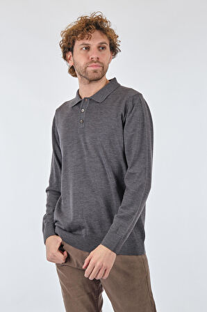 E.Muracchını Gömlek Yaka Düğmeli Uzun Kollu Koyu Füme Erkek Kazak 22503