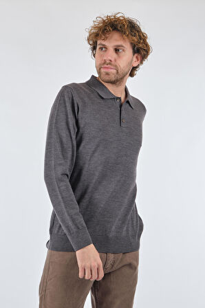 E.Muracchını Gömlek Yaka Düğmeli Uzun Kollu Koyu Füme Erkek Kazak 22503