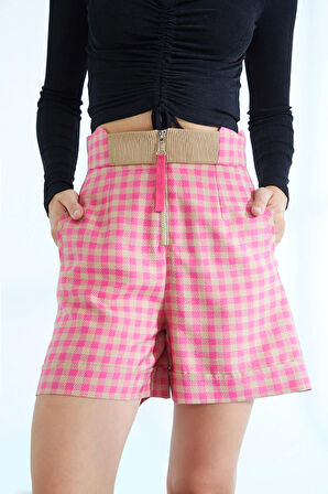 Naar Ekose Desenli Camel-Pembe Kadın Şort 22251401