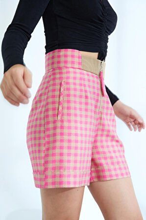 Naar Ekose Desenli Camel-Pembe Kadın Şort 22251401