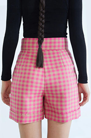 Naar Ekose Desenli Camel-Pembe Kadın Şort 22251401