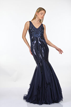 Ankyra V Yaka Kolsuz Lacivert Kadın Abiye 23Y1502