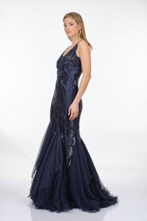 Ankyra V Yaka Kolsuz Lacivert Kadın Abiye 23Y1502