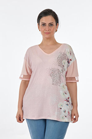 Twomail V Yaka Büyük Beden Pudra Kadın T-Shirt MY2150P10753