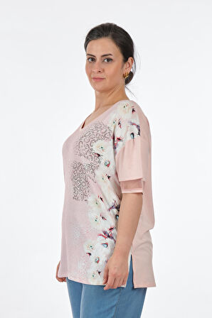 Twomail V Yaka Büyük Beden Pudra Kadın T-Shirt MY2150P10753