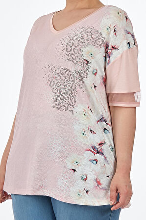 Twomail V Yaka Büyük Beden Pudra Kadın T-Shirt MY2150P10753