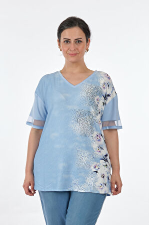 Twomail V Yaka Büyük Beden Bebe Mavi Kadın T-Shirt MY2150P10753