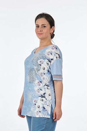 Twomail V Yaka Büyük Beden Bebe Mavi Kadın T-Shirt MY2150P10753