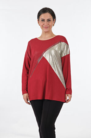 Twomail Yuvarlak Yaka Büyük Beden Uzun Kollu Kırmızı Kadın Bluz MY2150P10758
