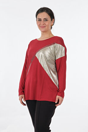 Twomail Yuvarlak Yaka Büyük Beden Uzun Kollu Kırmızı Kadın Bluz MY2150P10758