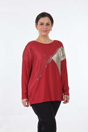 Twomail Yuvarlak Yaka Büyük Beden Uzun Kollu Kırmızı Kadın Bluz MY2150P10758