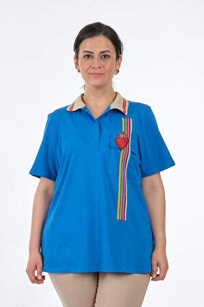 Vedi-bb Polo Yaka Büyük Beden Saks Kadın T-Shirt 2311093