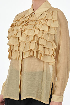 SLeeN Gömlek Yaka Fırfırlı Uzun Kollu Bej Kadın Bluz 20377