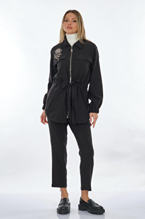 Unique Mode Gömlek Yaka Taşlı Siyah Kadın Etek UW246005