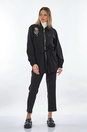 Unique Mode Gömlek Yaka Taşlı Siyah Kadın Etek UW246005