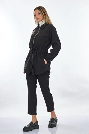 Unique Mode Gömlek Yaka Taşlı Siyah Kadın Etek UW246005