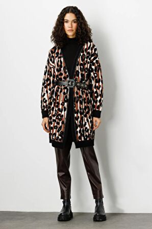 On Leopar Desenli Siyah Kadın Hırka 23225922