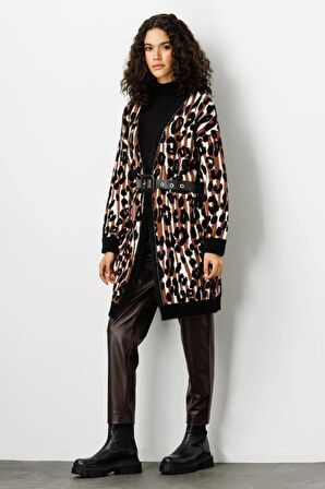 On Leopar Desenli Siyah Kadın Hırka 23225922