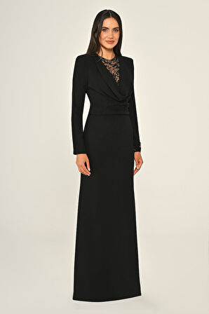 Degaje Yaka Krep Uzun Abiye Elbise Alfa Beta B7020